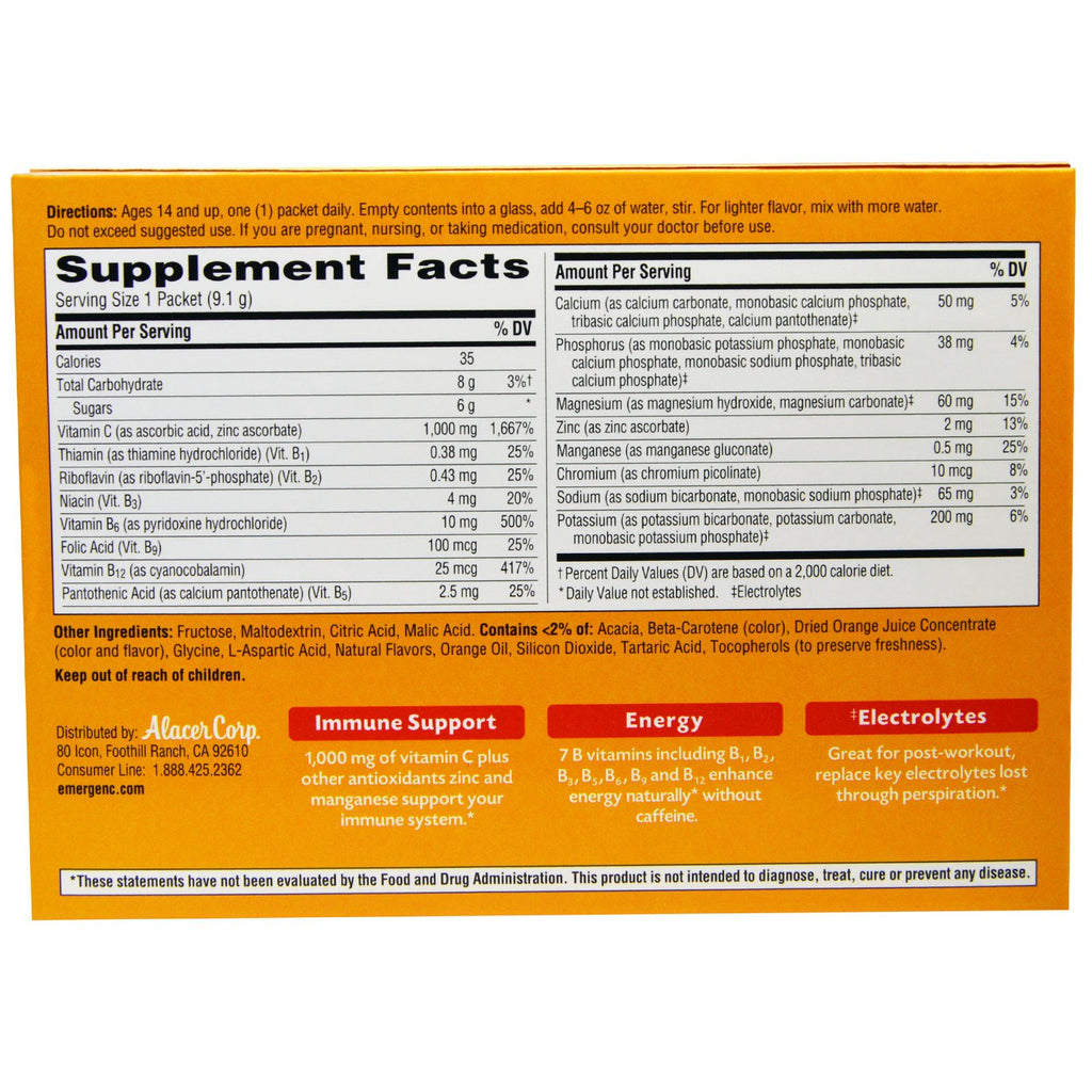 Emergen-C, 1,000 mg Vitamin C, Super Orange, 30 Packets, 0.32 oz (9.1 g) Each