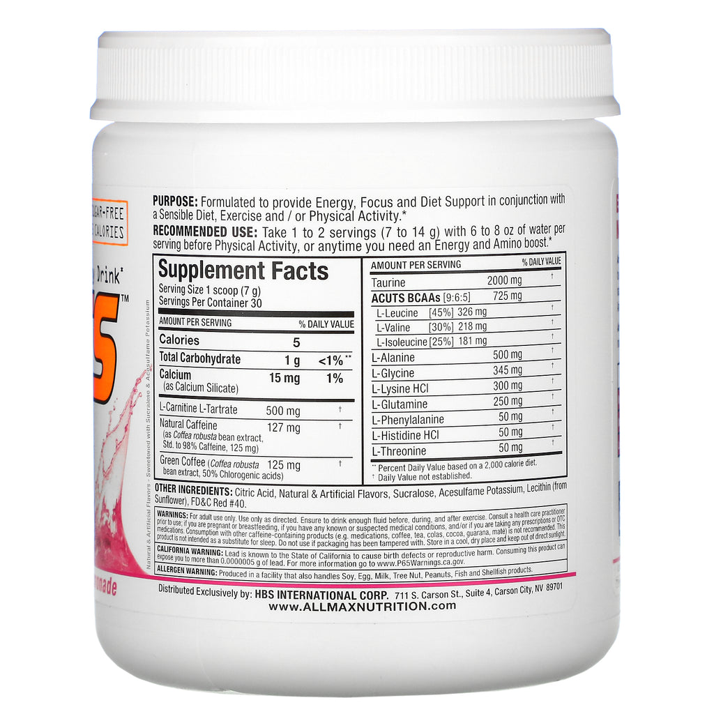 ALLMAX Nutrition, ACUTS, bebida energética cargada de aminoácidos, limonada rosa, 210 g (7,4 oz)