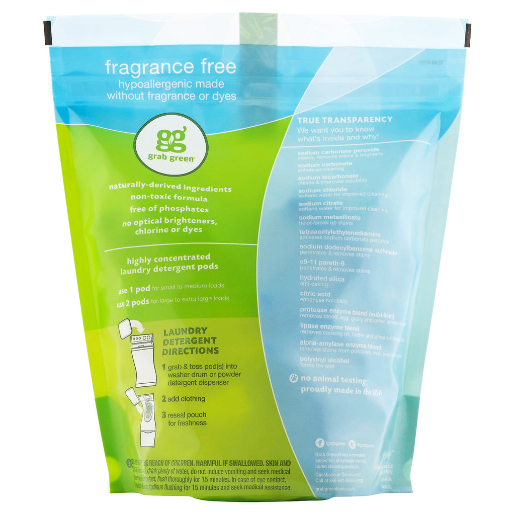 Grab Green, cápsulas de detergente para ropa 3 en 1, sin fragancia, 60 cargas, 2 libras, 6 oz (1080 g)