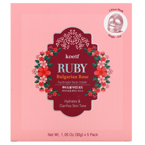 Koelf, Ruby Bulgarian Rose Hydrogel ansigtsmaskepakke, 5 ark, 1,05 oz (30 g) hver