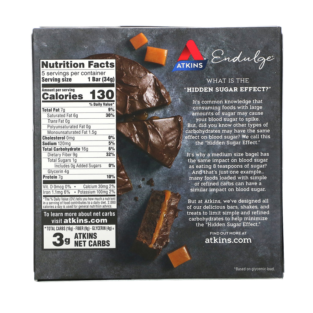 Atkins, Endulge, dulce de chocolate y caramelo, 5 barras, 34 g (1,2 oz) cada una
