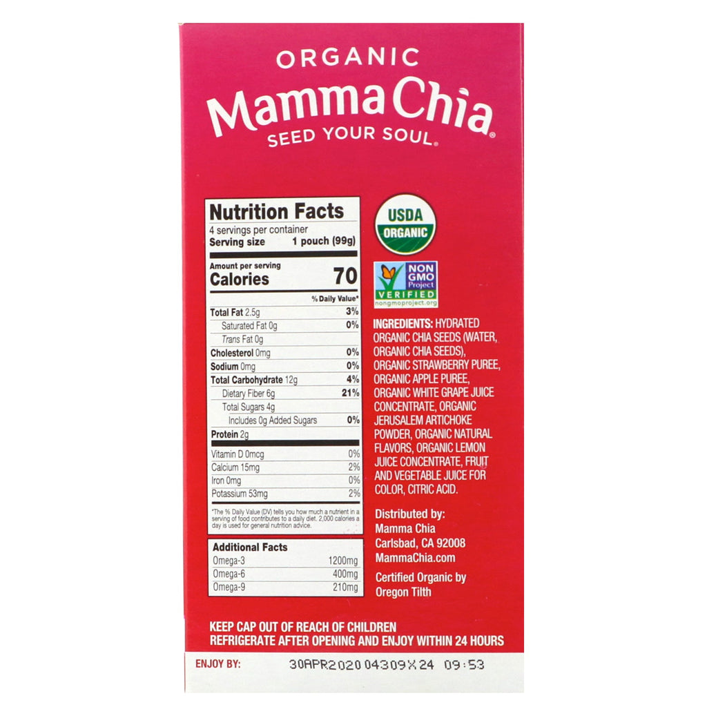Mamma Chia, Exprimidor prebiótico de chía, limonada de fresa, 4 sobres, 3,5 oz (99 g) cada uno