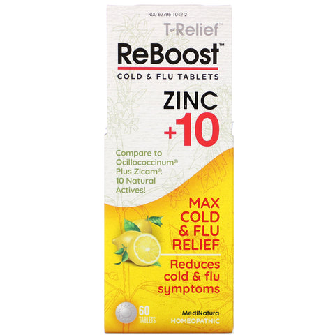MediNatura, T-Relief, ReBoost, tabletas para el resfriado y la gripe, zinc +10, 60 tabletas