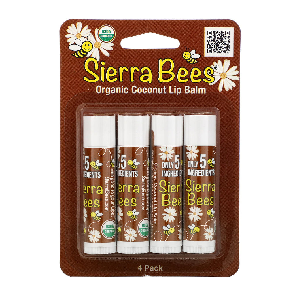 Sierra Bees, Bálsamos labiales, coco, paquete de 4, 4,25 g (0,15 oz) cada uno