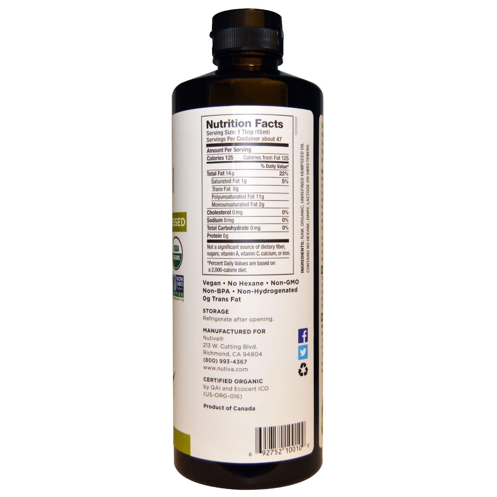 Nutiva,  Hemp Oil, Cold Pressed, 24 fl oz (710 ml)