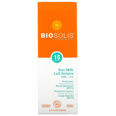 Biosolis, Leche solar, Protector solar, SPF 15, 3,4 fl oz (100 ml)
