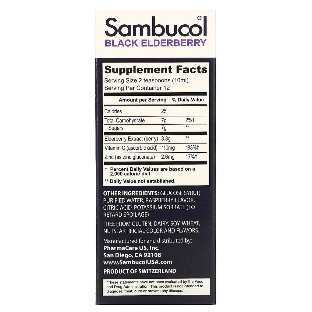 Sambucol, sort hyldebærsirup, avanceret immunforsvar, vitamin C + zink, naturlig bær, 4 fl oz (120 ml)