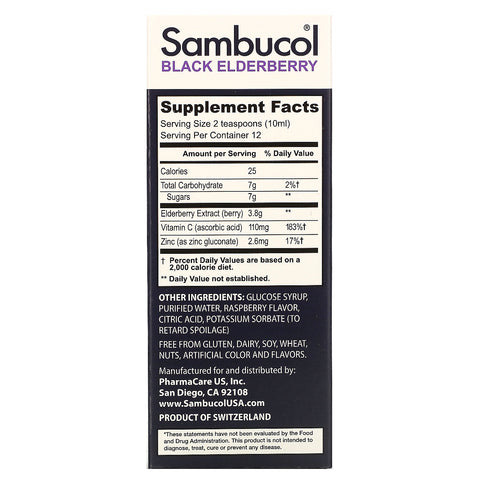 Sambucol, jarabe de saúco negro, sistema inmunológico avanzado, vitamina C + zinc, baya natural, 4 fl oz (120 ml)