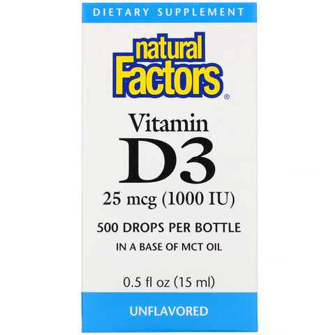 Naturlige faktorer, D3-vitamindråber, uden smag, 25 mcg (1.000 IE), 0,5 fl oz (15 ml)