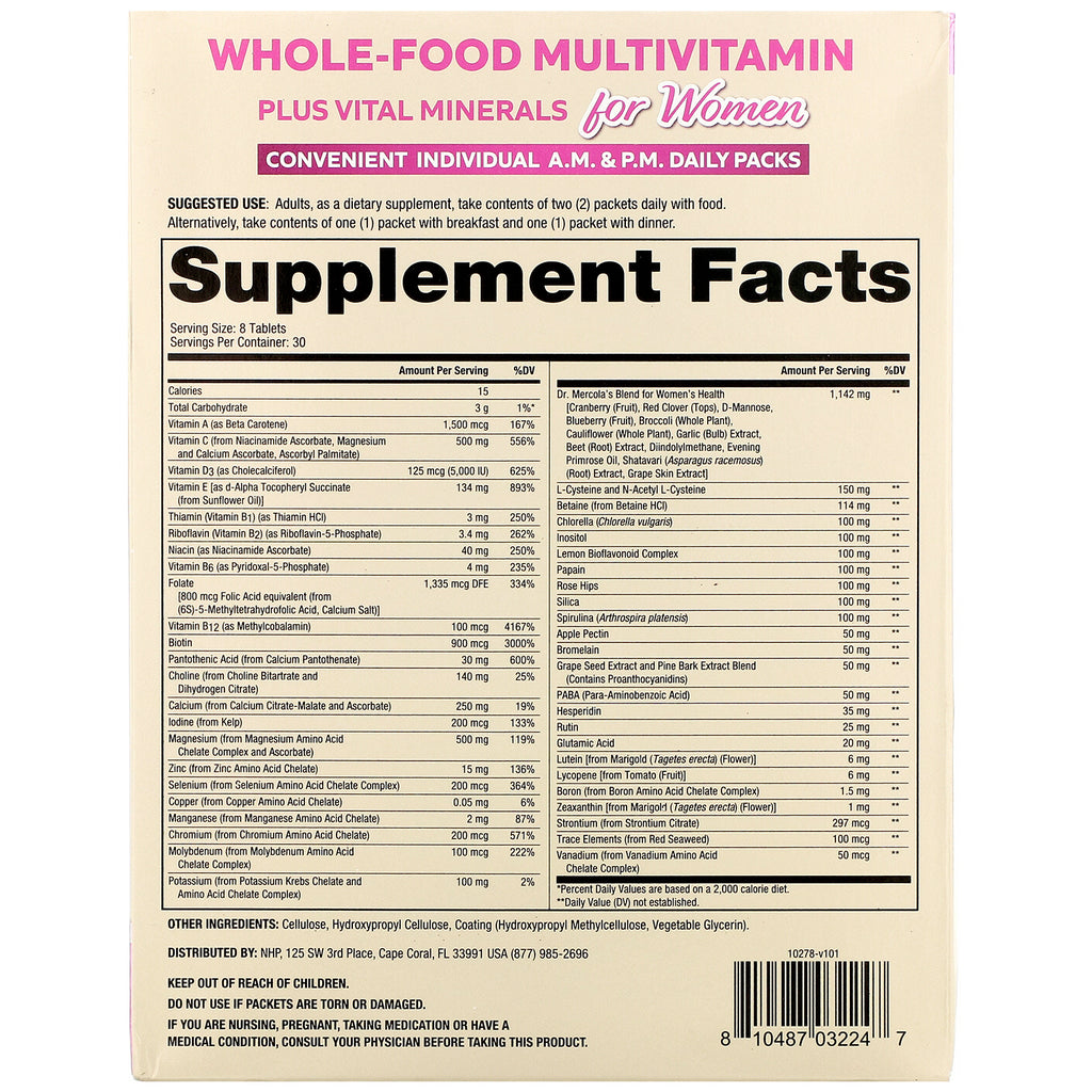 Dr. Mercola, Whole-Food Multivitamin Plus Vital Minerals for Women, AM &amp; PM Daily Packs, 30 Dual Packs