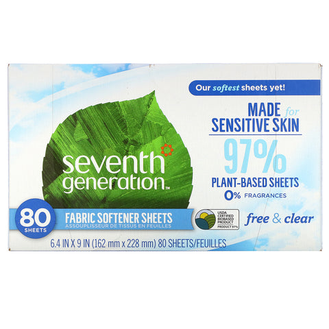Seventh Generation, Fabric Softener Sheets, Free & Clear, 80 Sheets