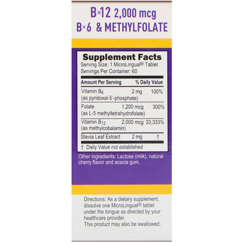 Superior kilde, aktiveret B-12 methylcobalamin, B-6 (P-5-P) & methylfolat, 2.000 mcg/1.200 mcg, 60 tabletter