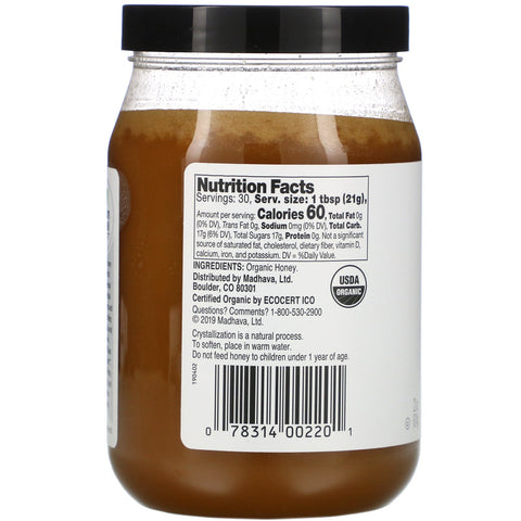 Madhava naturlige sødemidler, rene og enkle, cremet honning, ufiltreret, 22 oz (624 g)