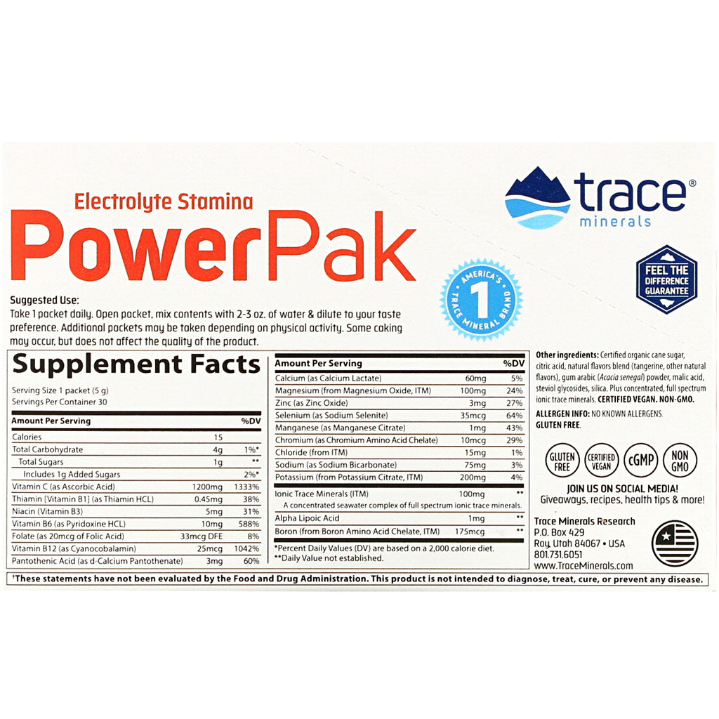 Trace Minerals Research, Electrolyte Stamina PowerPak, mandarina, 30 paquetes, 5 g (0,18 oz) cada uno