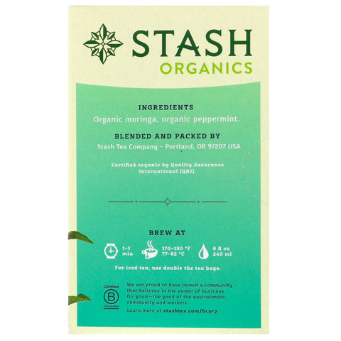 Stash Tea, Herbal Tea,  Moringa Mint, Caffeine-Free, 18 Tea Bags, 0.8 oz (23 g)