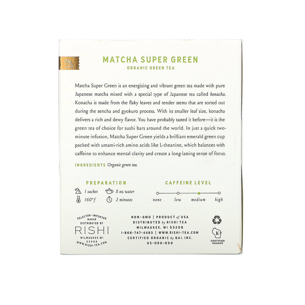 Rishi te, grøn te, Matcha supergrøn, 15 poser, 1,42 oz (40,5 g)