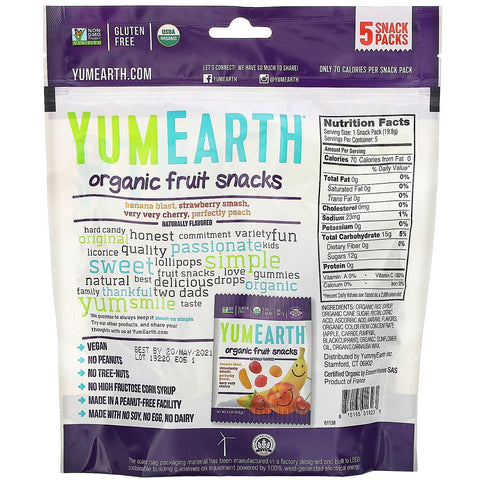 YumEarth, bocadillos de frutas, 5 paquetes, 0,7 oz (19,8 g) cada uno