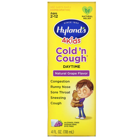 Hyland's, 4 børn, dagtid forkølelse og hoste, alderen 2-12, naturlig druesmag, 4 fl oz (118 ml)