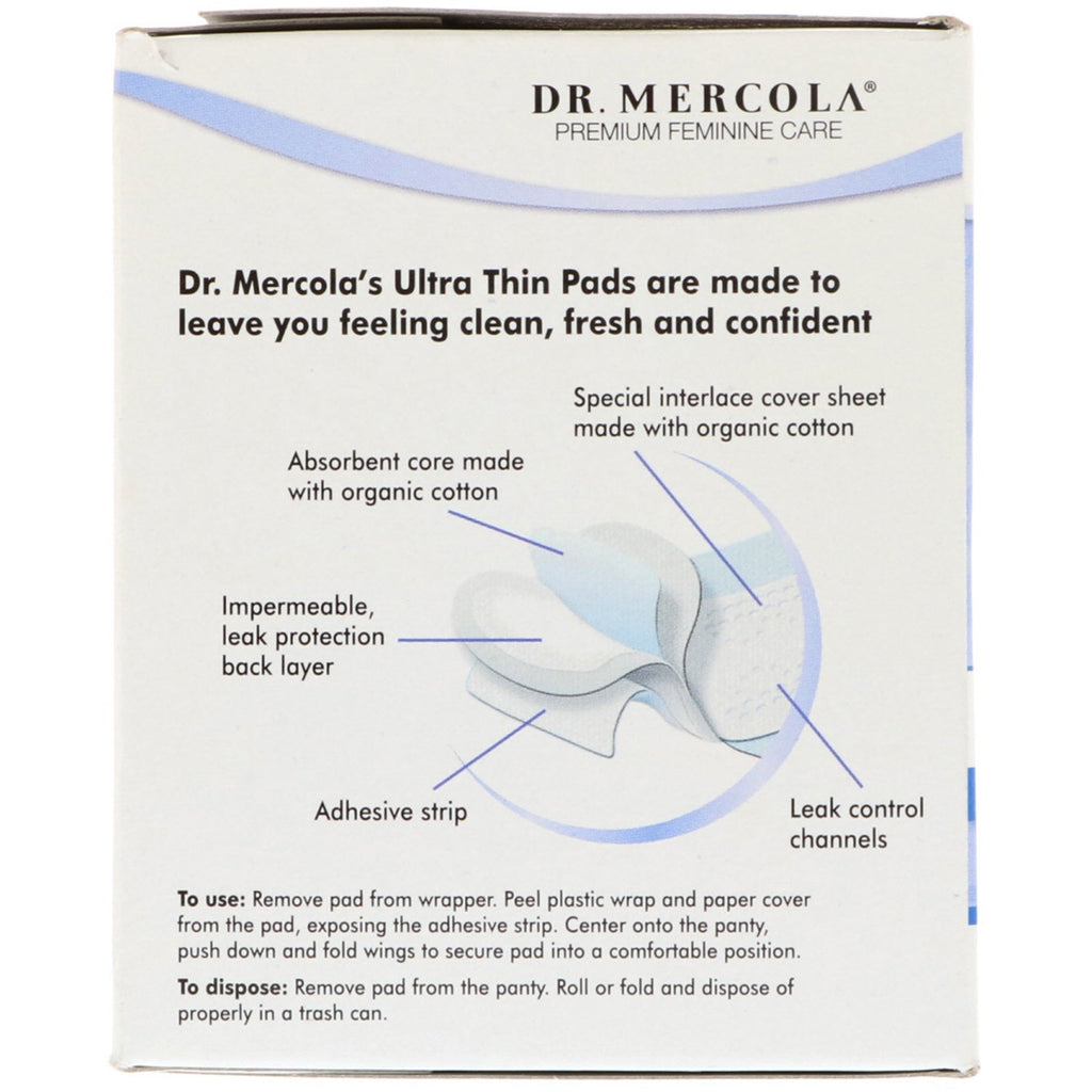 Dr. Mercola, Toallas sanitarias ultrafinas de algodón, Noche con alas, 10 toallas sanitarias