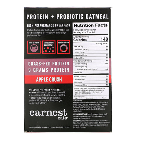 Earnest Eats, Protein & Probiotic Instant Oatmeal, Apple Crush, 6 Packets, 8.47 oz (240 g)
