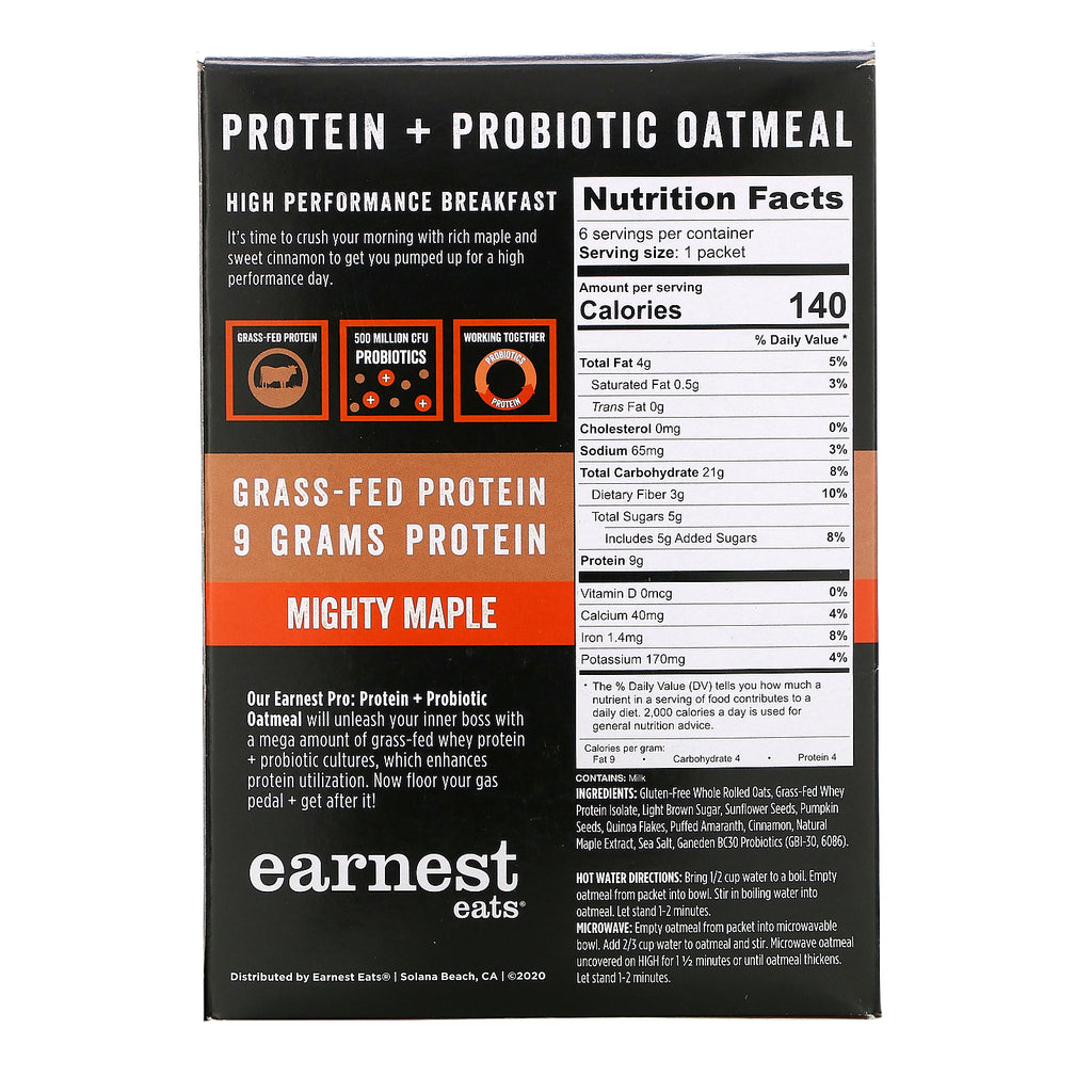Earnest Eats, Avena instantánea con proteínas y probióticos, Mighty Maple, 6 paquetes, 8,47 oz (240 g)