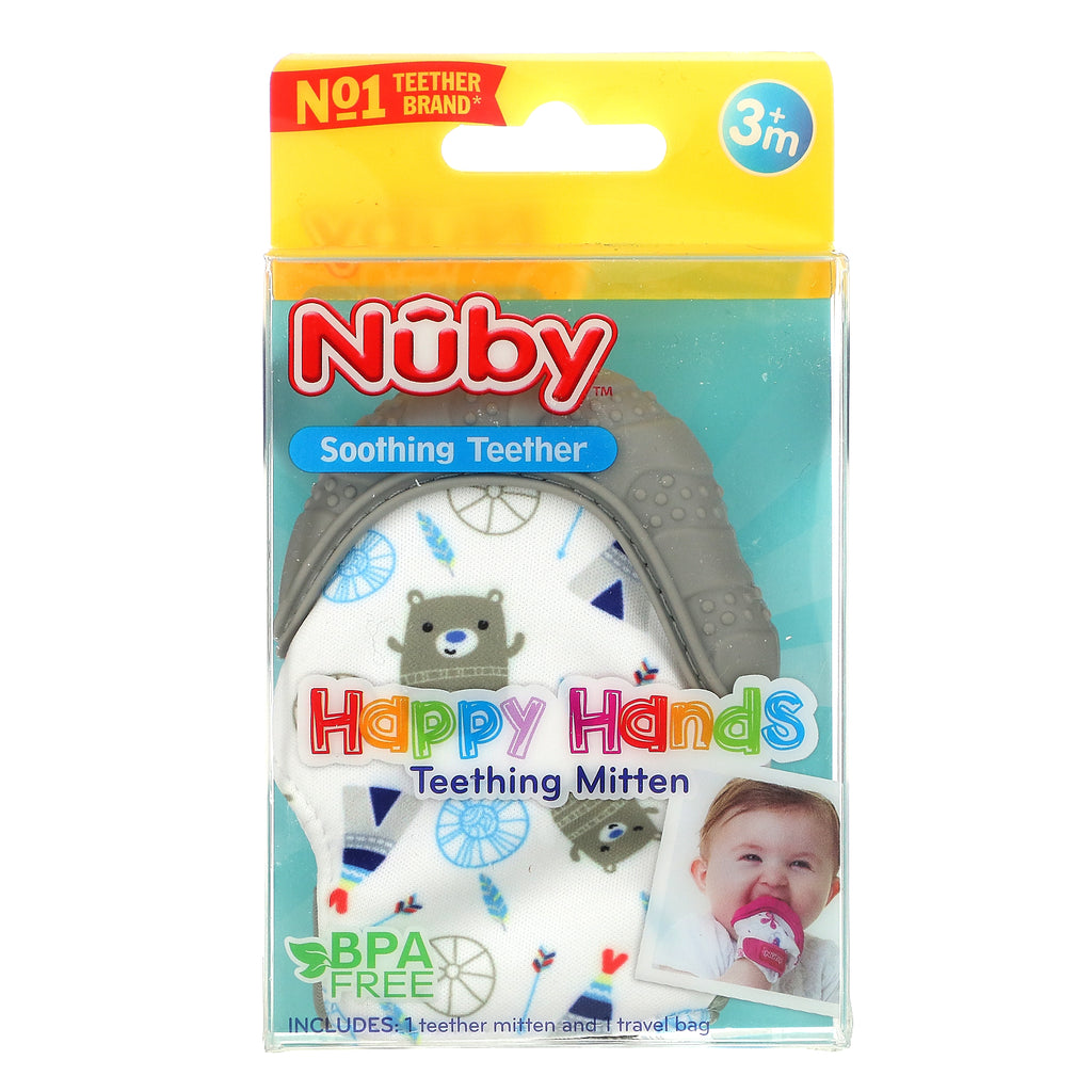 Nuby, Mordedor calmante, manopla para la dentición Happy Hands, 3+ meses, osos, juego de 2 piezas