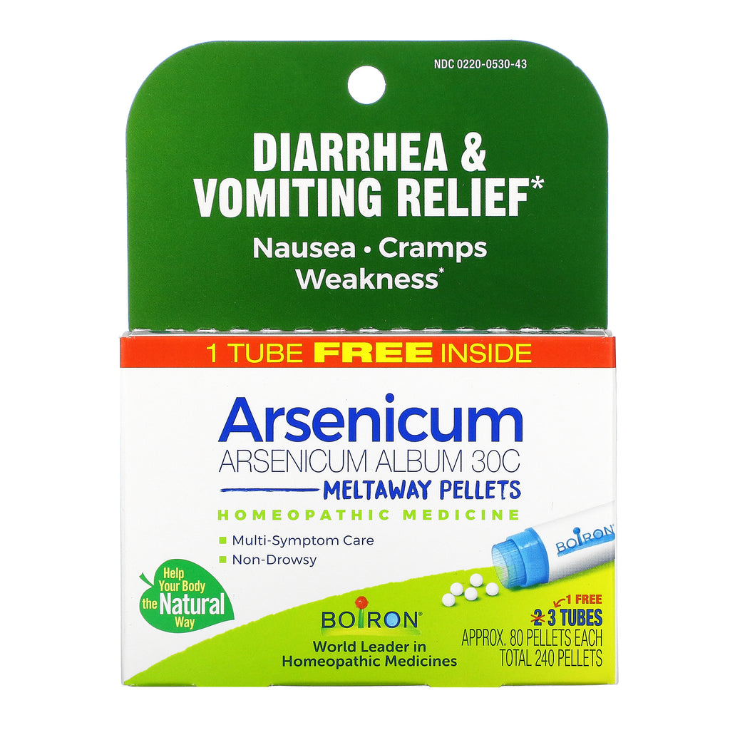 Boiron, Arsenicum, Diarrhea & Vomiting Relief, Meltaway Pellets, 30C, 3 Tubes, 80 Pellets Each