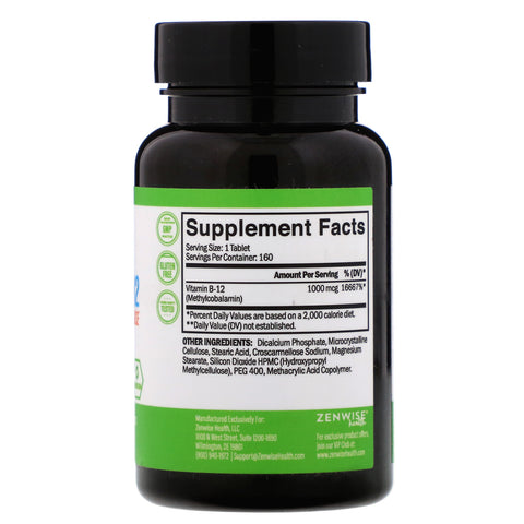 Zenwise Health, Methylcobalamin Vitamin B-12, tidsbestemt frigivelse, 1.000 mcg, 160 tabletter