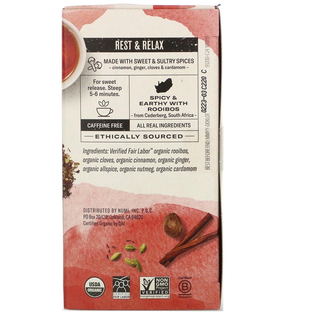 Numi Tea,  Herbal Teasan, Rooibos Chai, Caffeine Free, 18 Tea Bags, 1.71 oz (48.6 g)