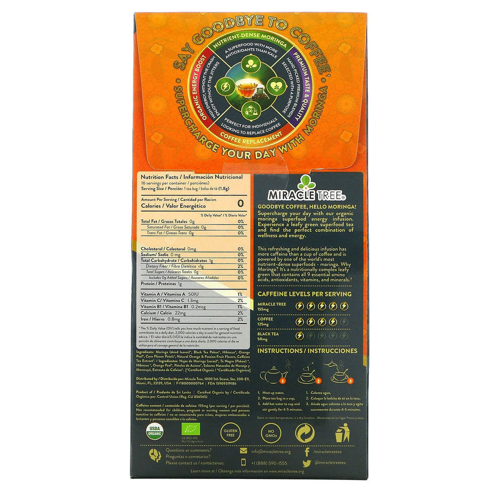 Miracle Tree, Infusión energética de superalimento de moringa, té de moringa, naranja y maracuyá, 1,01 oz (28,8 g)