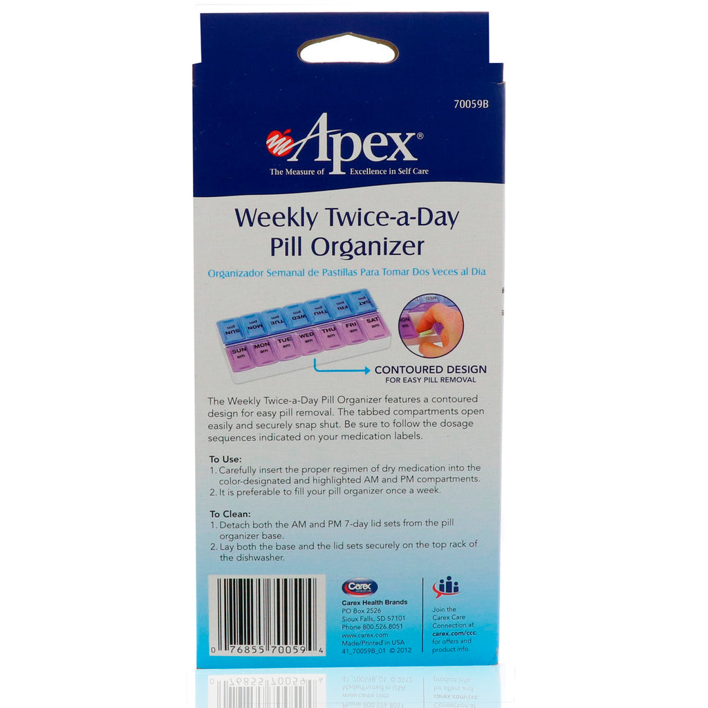 Apex, ugentlig 2 gange om dagen pilleorganisator, 1 pilleorganisator