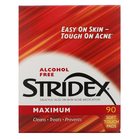 Stridex, control del acné en un solo paso, máximo, sin alcohol, 90 almohadillas suaves al tacto