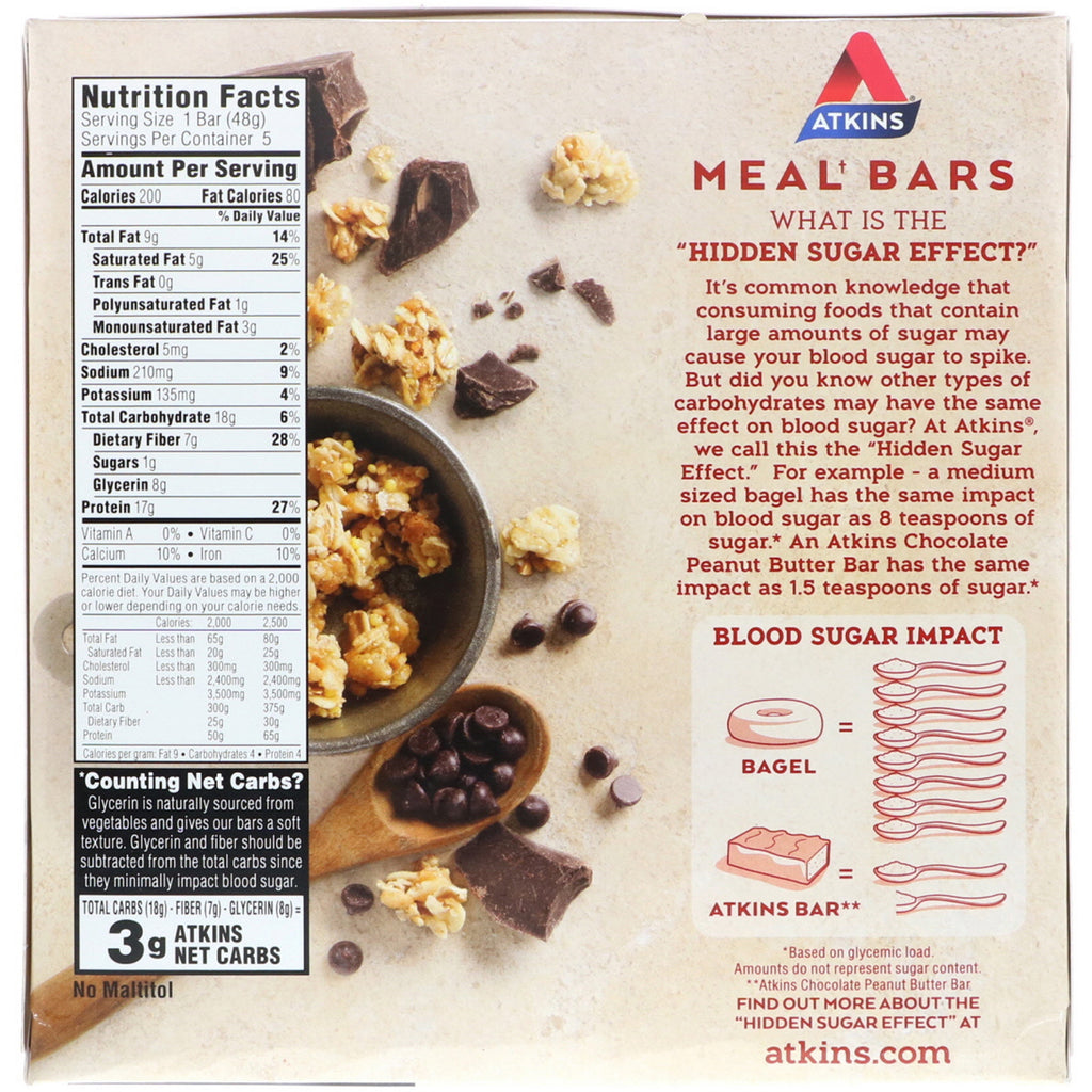 Atkins, barra de granola con chispas de chocolate, 5 barras, 1,69 oz (48 g) cada una