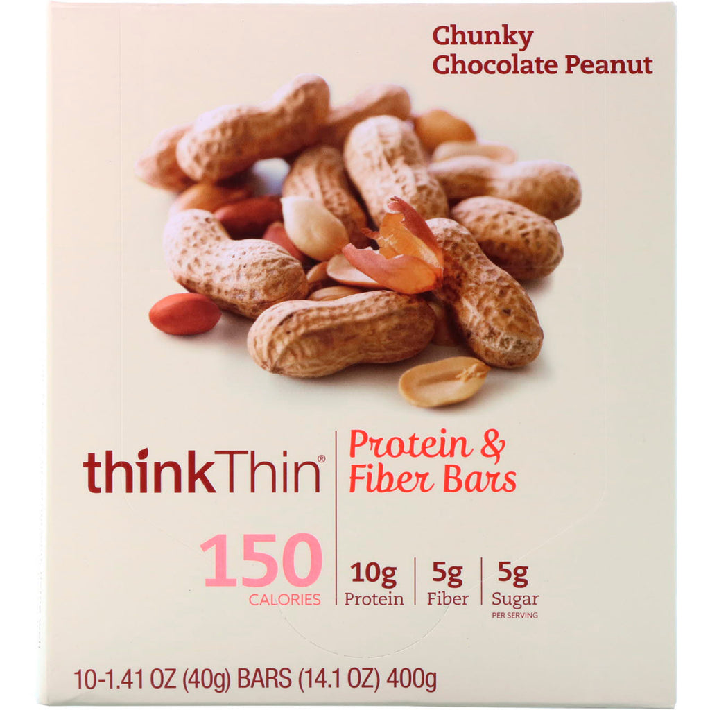 ThinkThin, barras de proteína y fibra, maní con chocolate con trozos, 10 barras, 1,41 oz (40 g) cada una