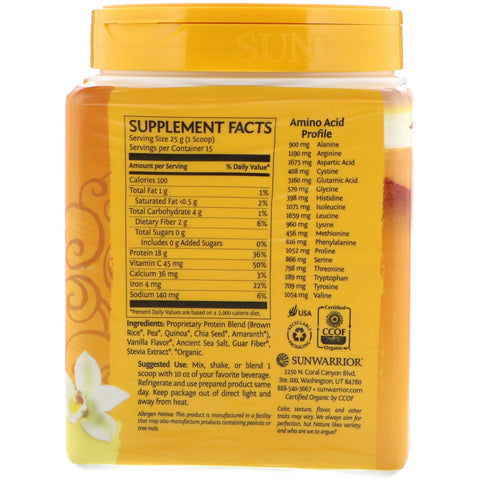 Sunwarrior, Classic Plus Protein, plantebaseret, vanilje, 13,2 oz (375 g)