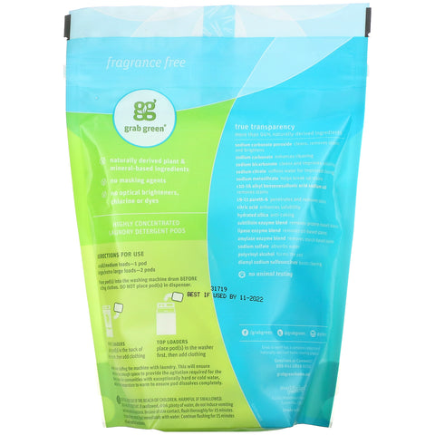Grab Green, Detergente en cápsulas 3 en 1, sin fragancia, 24 cargas, 384 g (13,5 oz)