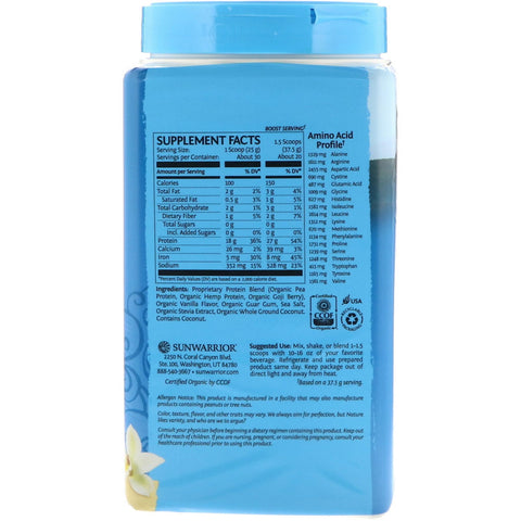Sunwarrior, Mezcla de proteínas Warrior, de origen vegetal, vainilla, 750 g (1,65 lb)