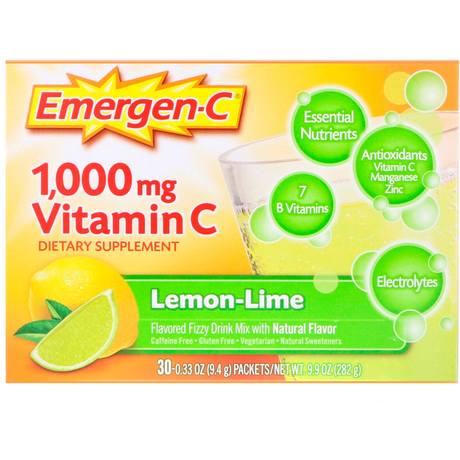 Emergen-C, Vitamin C, Flavored Fizzy Drink Mix, Lemon-Lime, 1,000 mg, 30 Packets, 0.33 oz (9.4 g) Each
