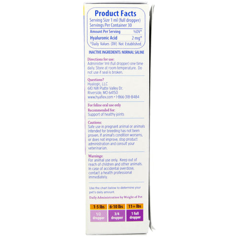 Hyalogic, HyaFlex para gatos, ácido hialurónico (HA) oral, original, 1 oz (30 ml)