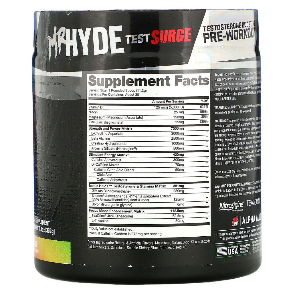 ProSupps, Mr. Hyde, Test Surge, preentrenamiento para aumentar la testosterona, lima y cereza, 336 g (11,8 oz)