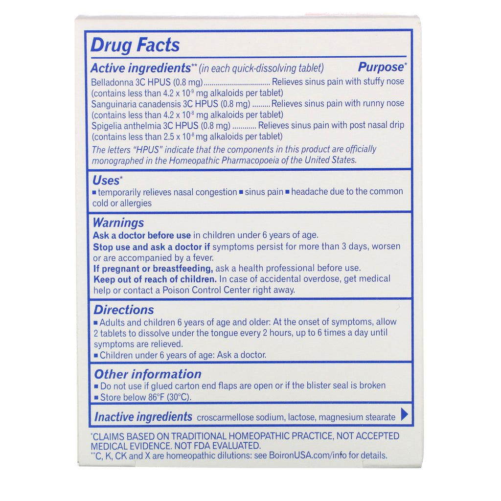 Boiron, SinusCalm, Sinus Relief, Utilsat, 60 hurtigtopløselige tabletter