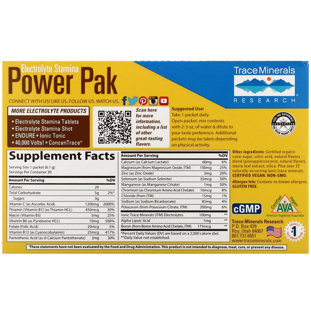 Spormineralforskning, Electrolyte Stamina Power Pak, Ananas Kokosnød, 30 pakker, 0,22 oz (6,1 g) hver