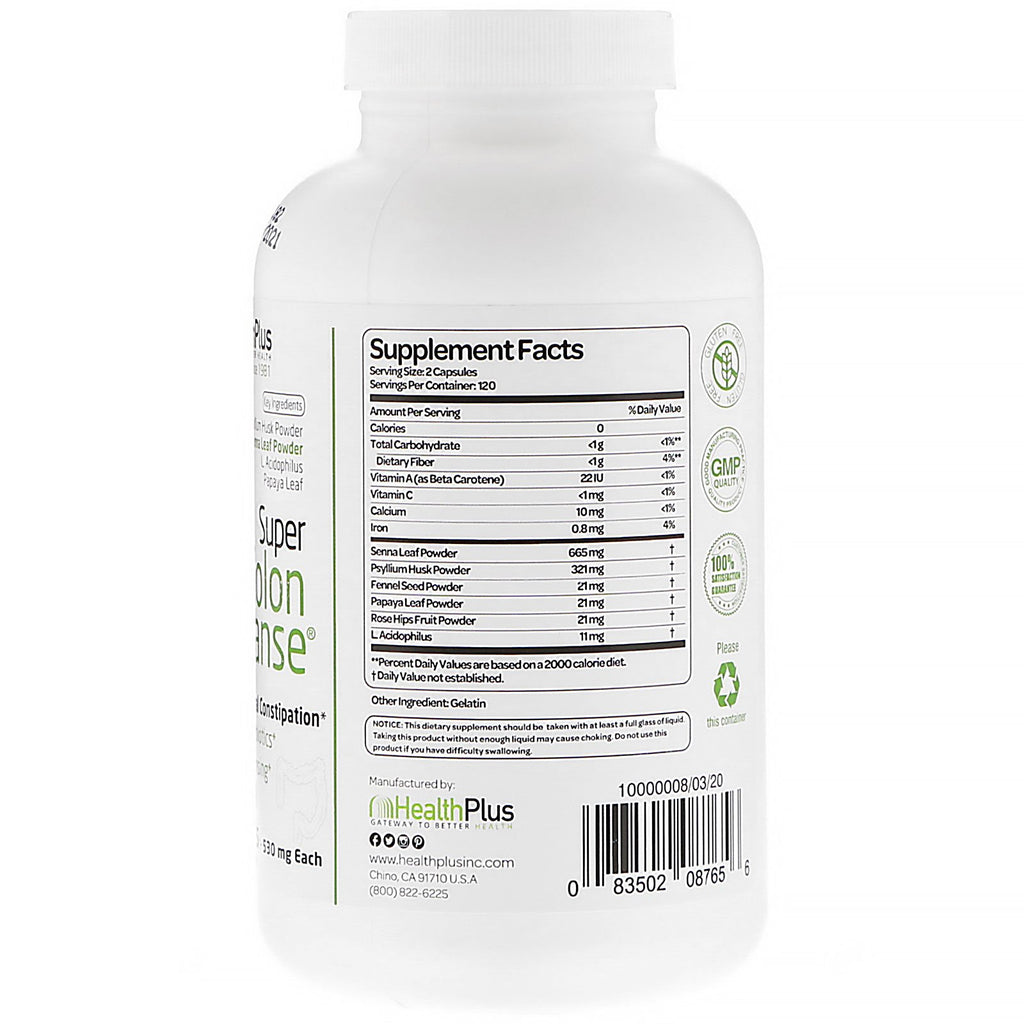 Health Plus, Super Colon Cleanse, 530 mg, 240 kapsler