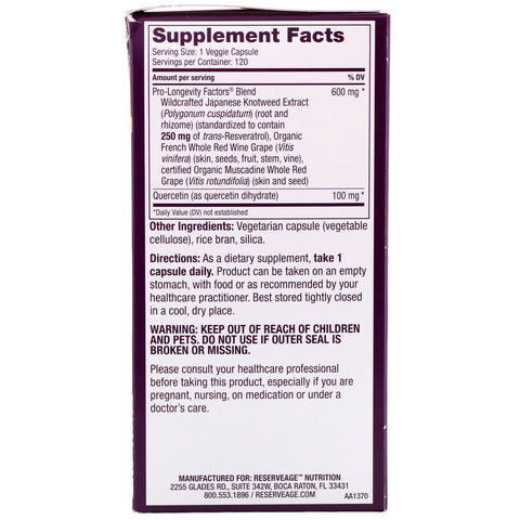 ReserveAge Nutrition, Resveratrol con Trans-Resveratrol activo, 250 mg, 120 cápsulas vegetales