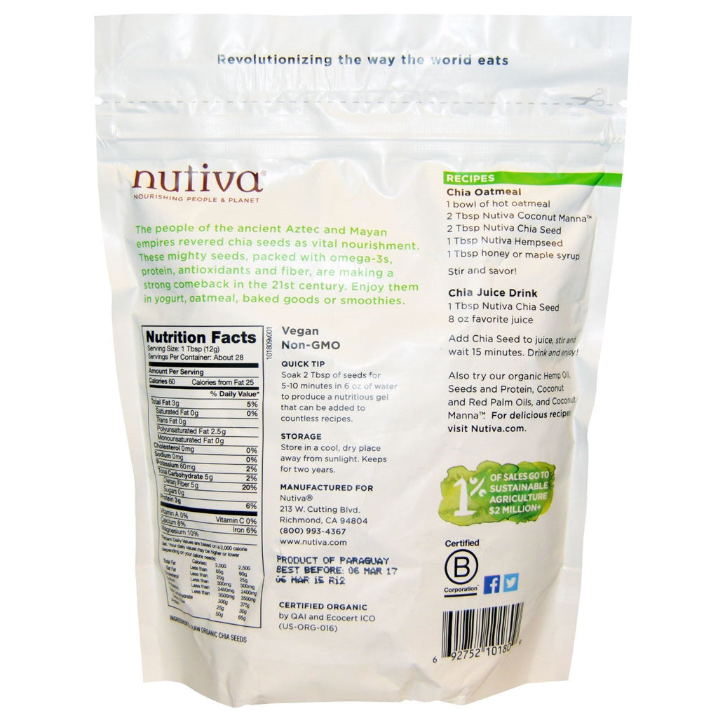 Nutiva, Chia frø, hvid, 12 oz (340 g)