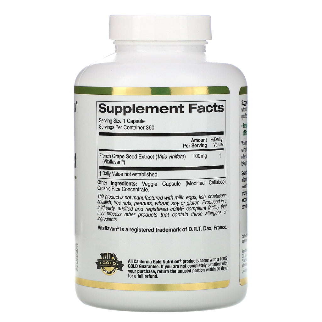 California Gold Nutrition, extracto de semilla de uva francesa, VitaFlavan, polifenol antioxidante, 100 mg, 360 cápsulas vegetales