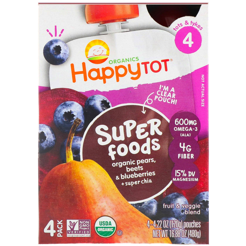 Happy Family s, Happy Tot, Super Foods, Pærer, Rødbeder og Blåbær + Super Chia, Stage 4, 4 Pack, 4,22 oz (120 g) hver