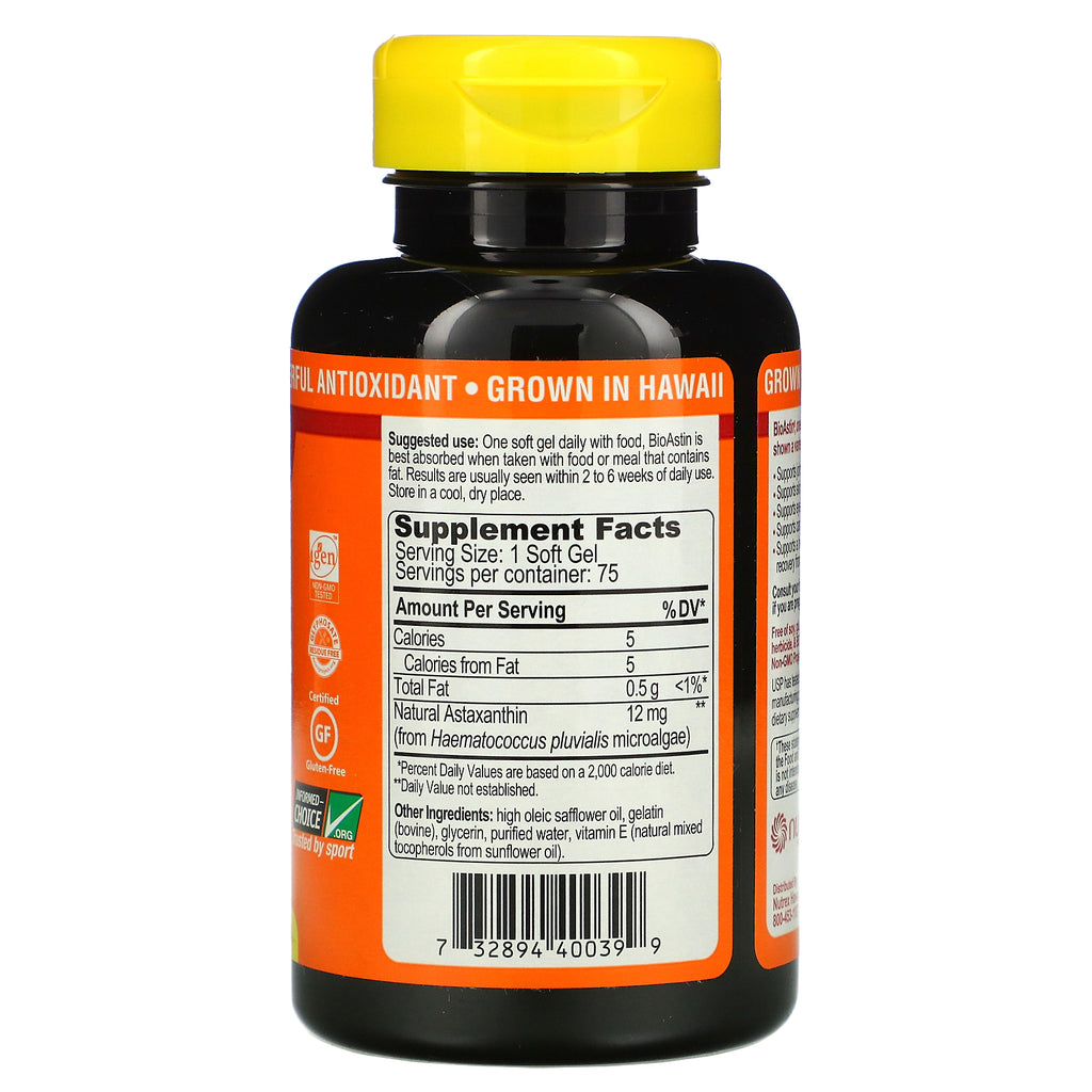 Nutrex Hawaii, BioAstin, astaxantina hawaiana, 12 mg, 75 cápsulas blandas