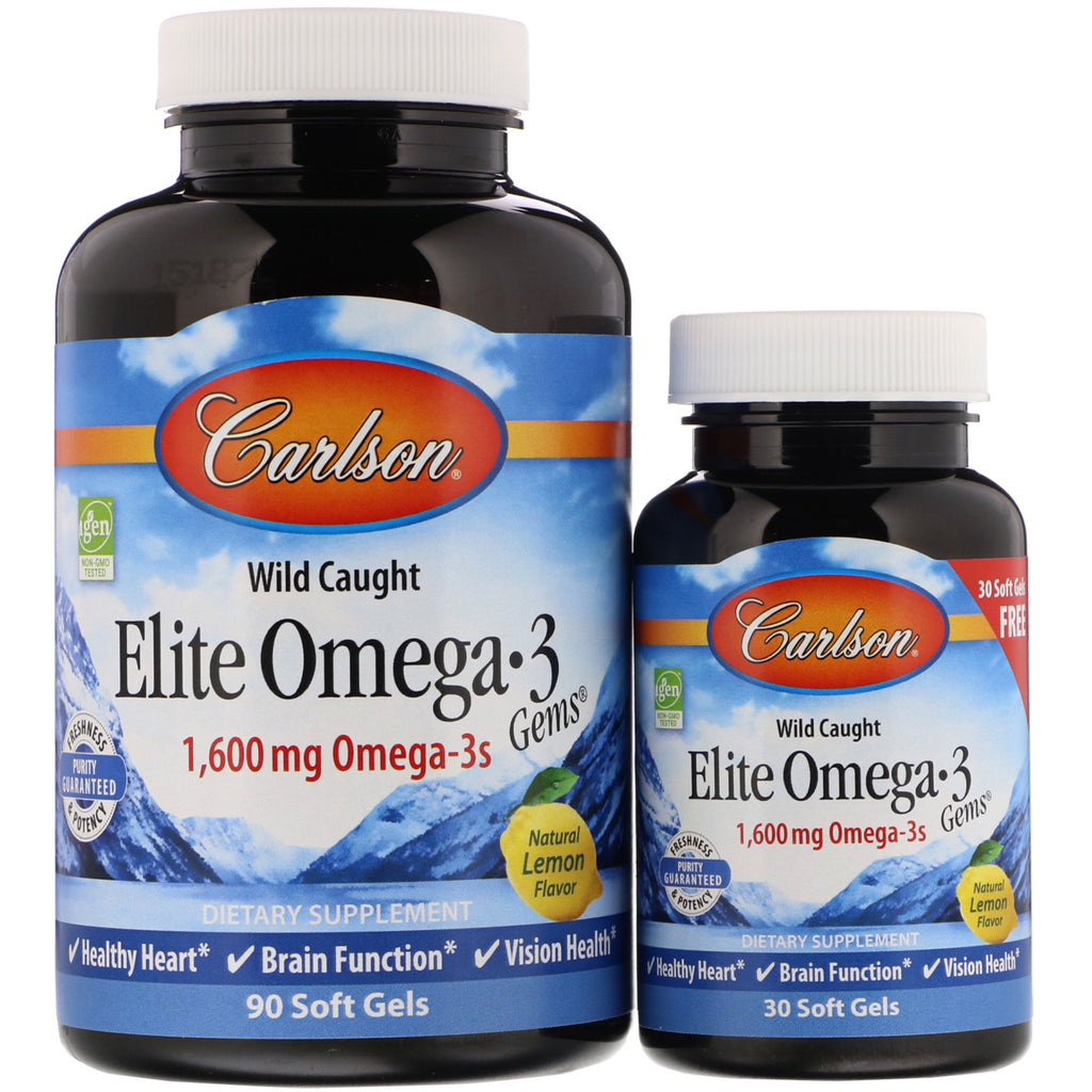 Carlson Labs, Wild Caught, Elite Omega-3 Gems, Natural Lemon Flavor, 1,600 mg, 90 + 30 Free Soft Gels