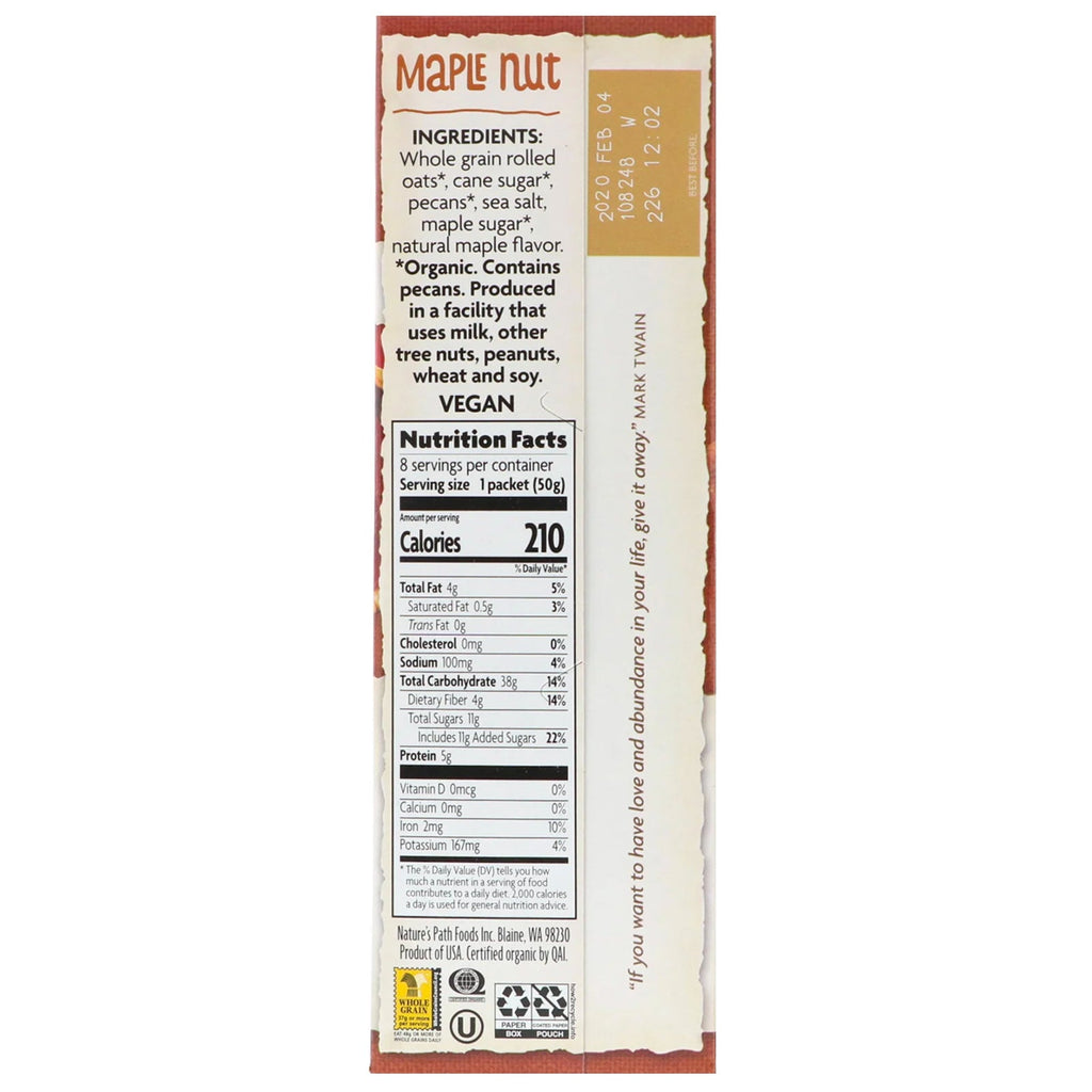 Nature's Path,  Instant Oatmeal, Maple Nut, 8 Packets, 14 oz (400 g)